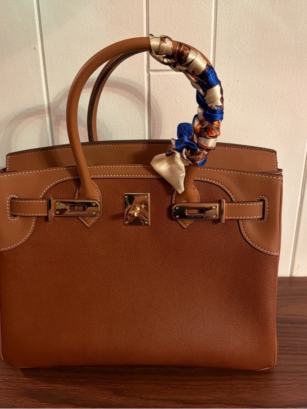 Classic Tan Leather Top-Handle Bag with Scarf Accent